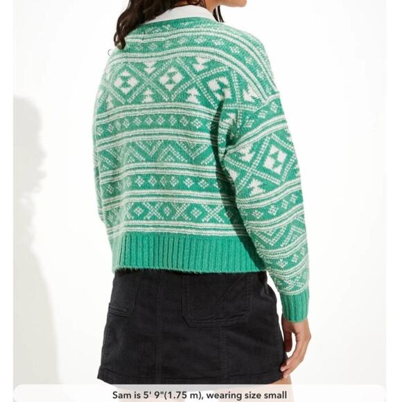 American Eagle AE Fair Isle Snowdrift Crewneck Sweater Green White Size Medium M - Picture 7 of 10